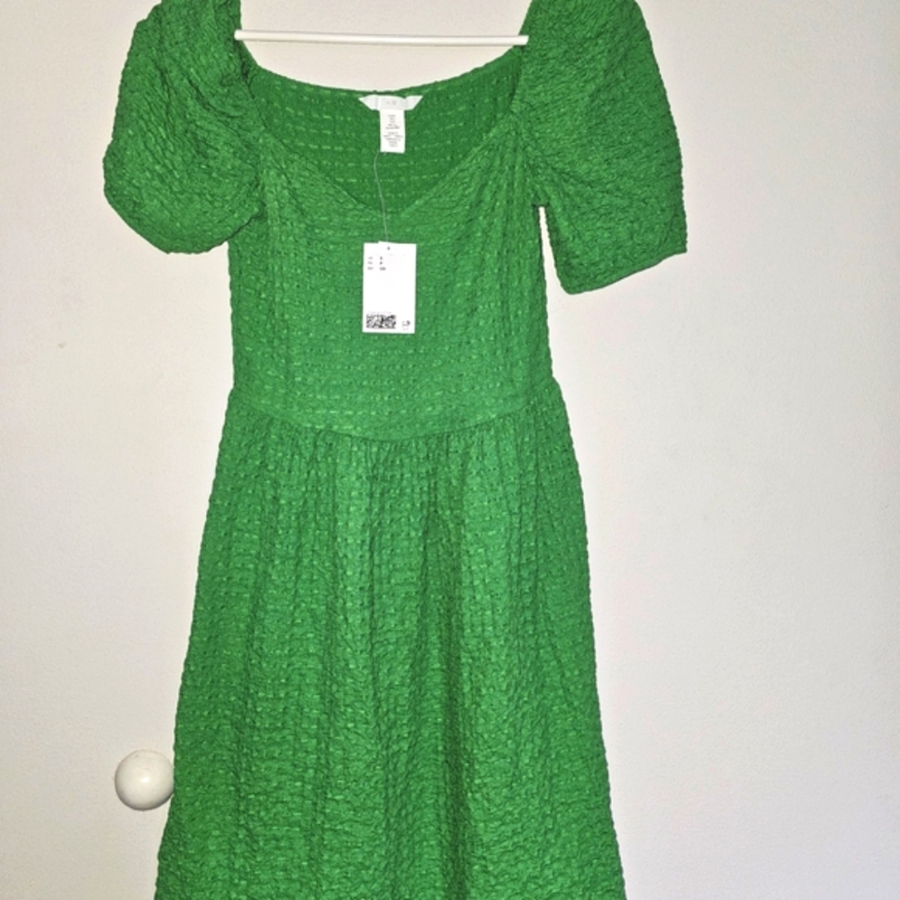 H & M Women's Kelly Green Textured Jersey Puff Sleeve Dress Sz S NWT